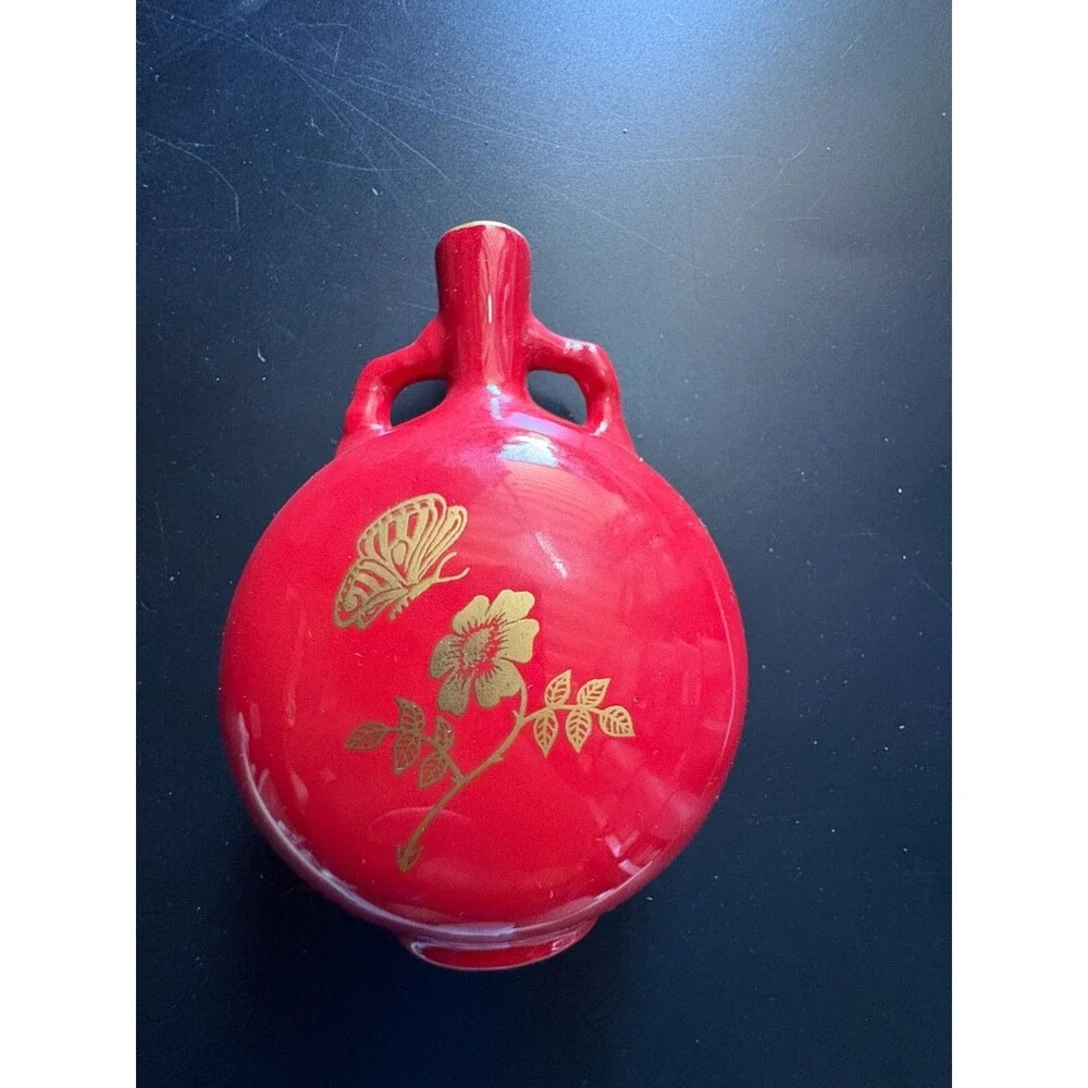 Franklin Porcelain Bud Vase Red Floral Flower Design 1983- 4” Circular Butterfly